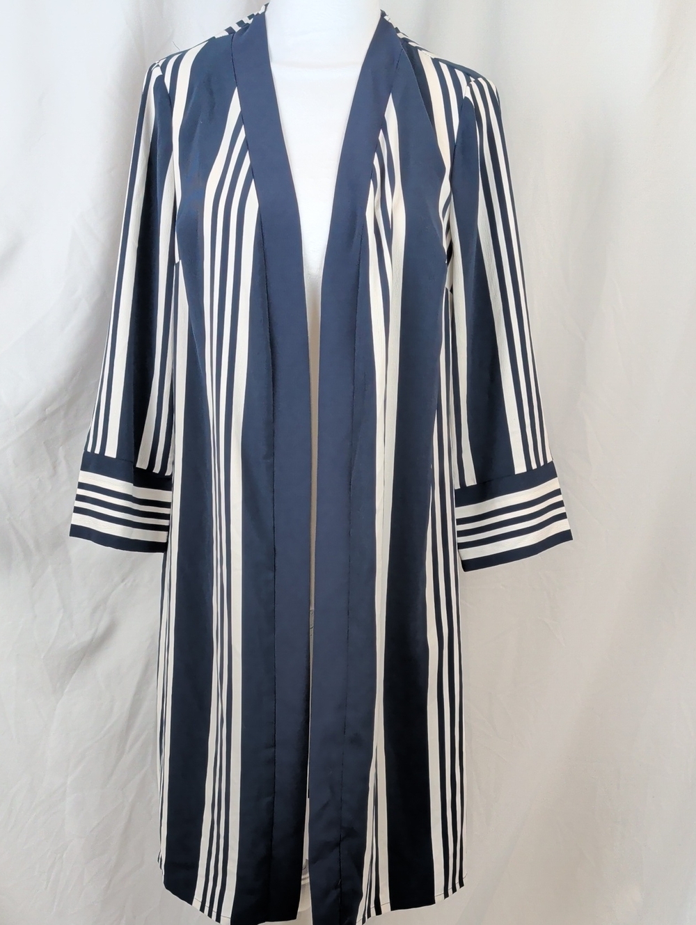 NWOT Cleo Navy Blue & Cream Striped Duster Cardigan Kimono S